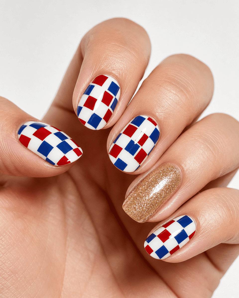 Red and blue checkerboard pattern nails on white base with gold glitter accent
