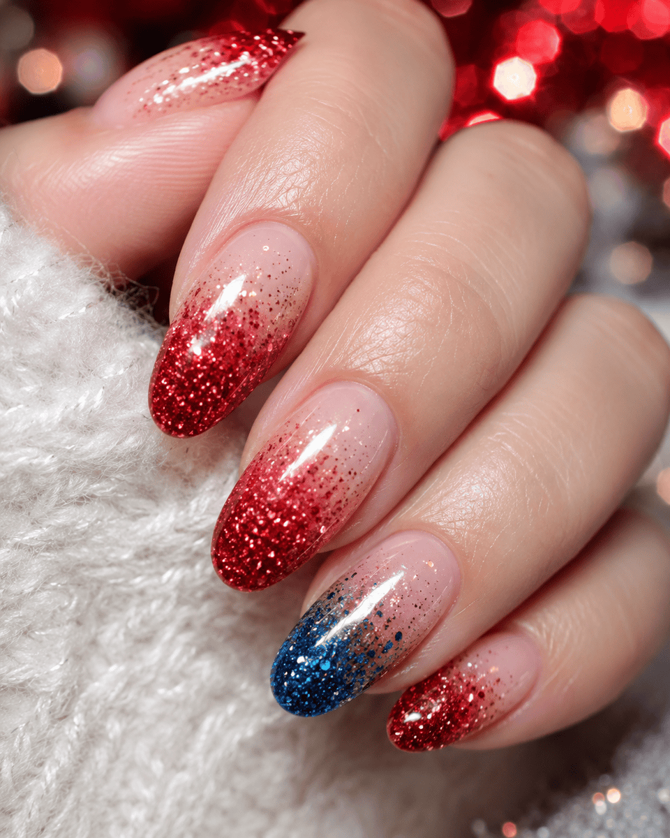 Red glitter ombre gradient nails fading from sparkle tips to sheer nude base