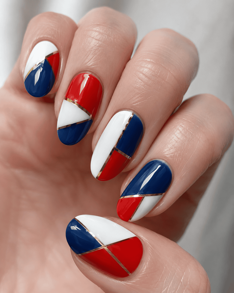 Modern geometric color block nails in red white and blue with gold lines