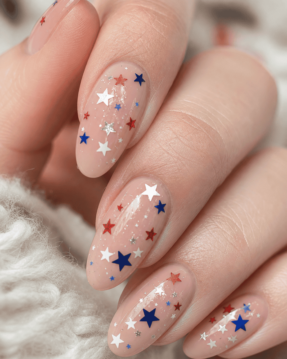 Chic nude base nails with scattered red white and blue star confetti accents