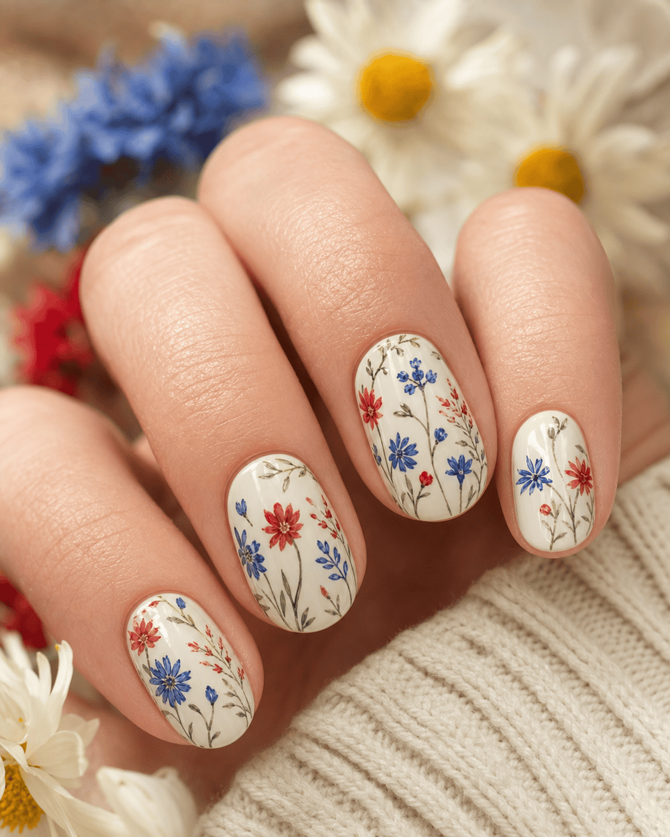 Vintage style nails with tiny red and blue wildflowers on cream base