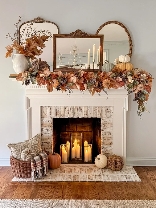 Layered Fall Mantel with Vintage Mirrors