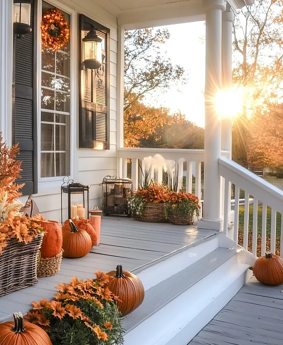 Pumpkins and Mums Along the Front Porch