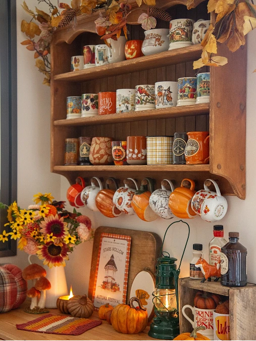 Vintage Mug Shelf with Pumpkin and Plaid Details