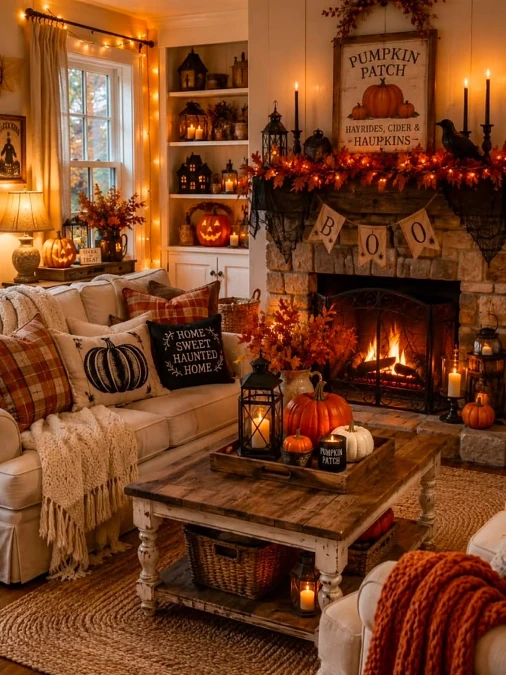 Plaid Layers and Pumpkin Fireplace Glow