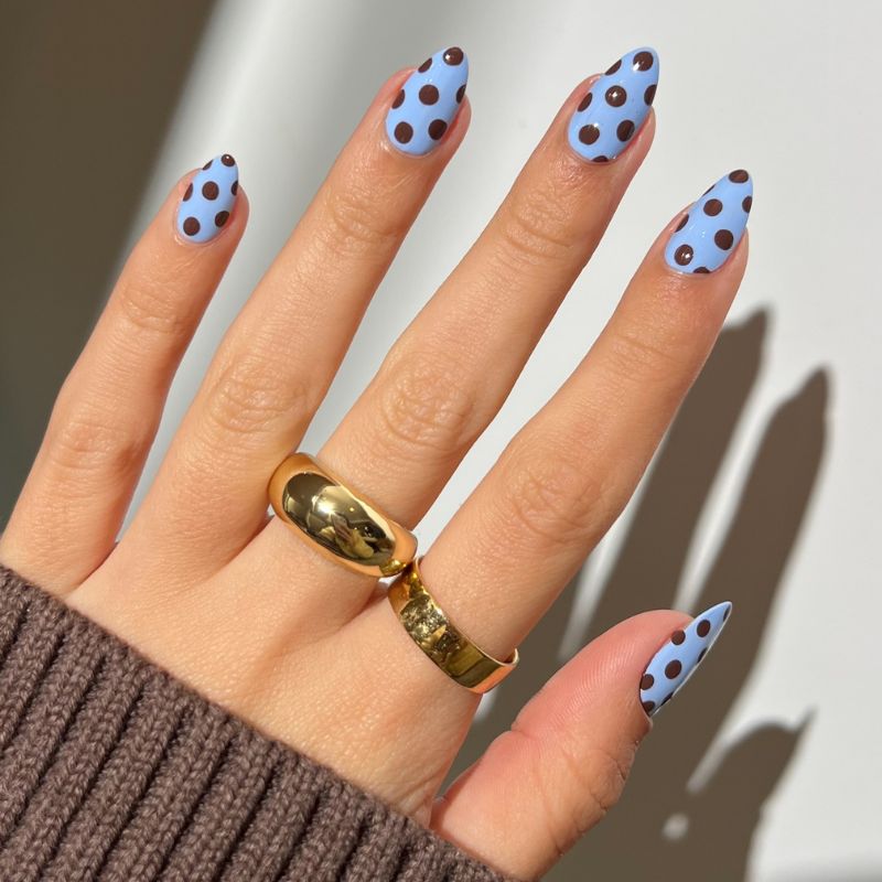 Periwinkle and Chocolate Polka Dot Nails