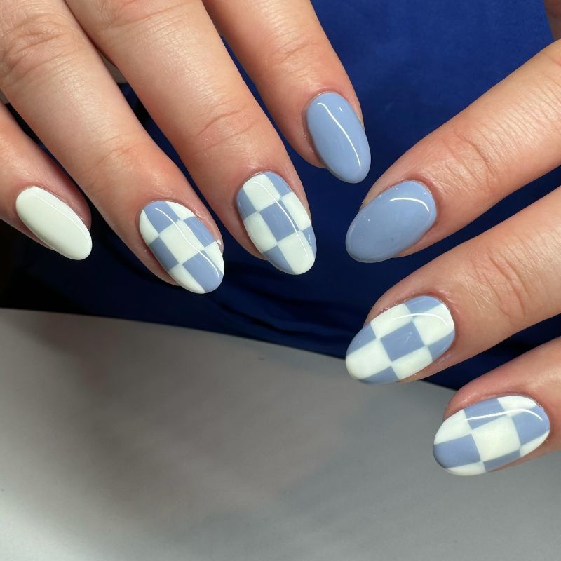 Soft Blue Checkerboard Nails