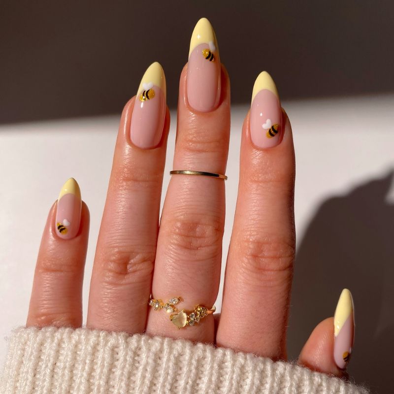 Bee-Tipped Butter Yellow French Nails