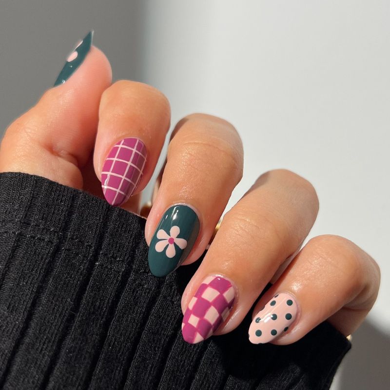Retro Floral and Checkerboard Accent Nails