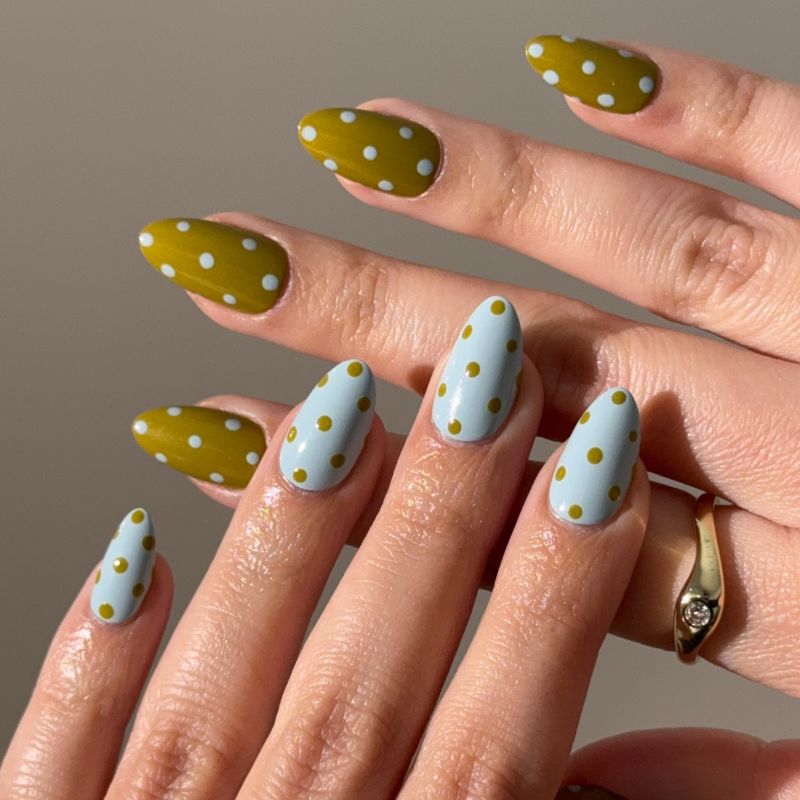 Olive and Powder Blue Polka Dot Nails