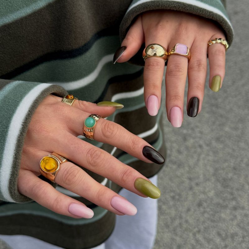 Olive, Blush, and Espresso Skittle Nails