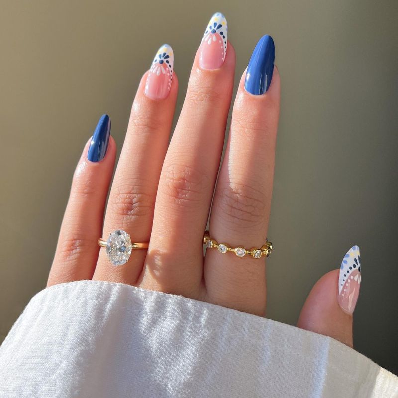 Cobalt Blue and Floral French Tips