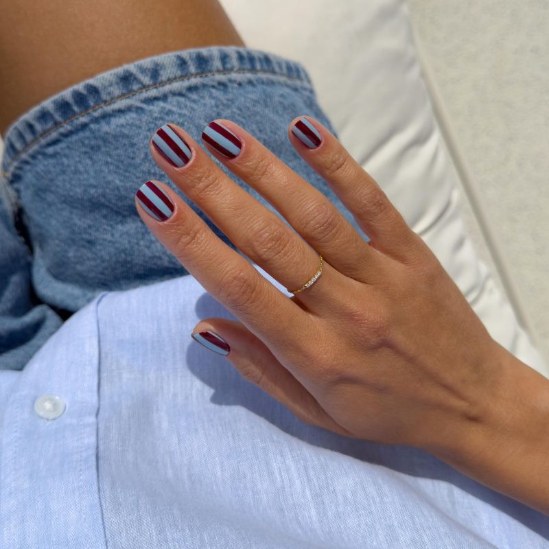 Burgundy and Sky Blue Striped Nails