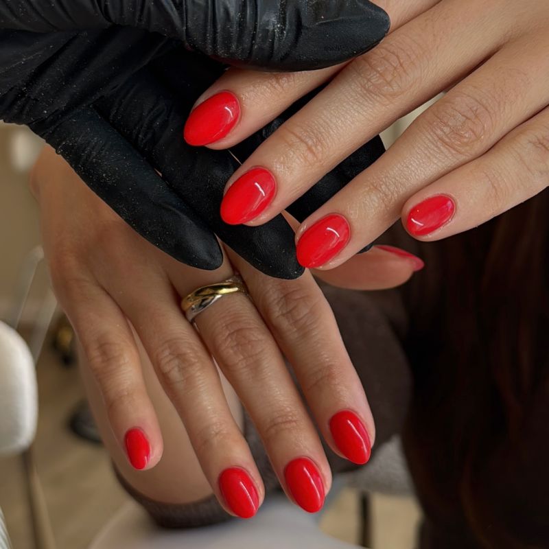 Hot Coral Red Almond Nails