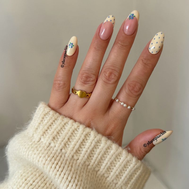 Butter Yellow Floral and Polka Dot Nails