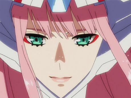 Zero Two is a quirky human-hybrid with pink hair and red horns.