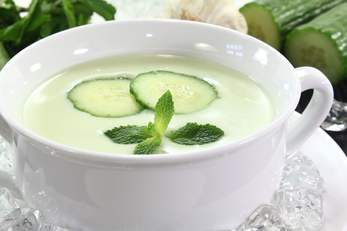 Cold cucumber soup made from cucumber that was peeled and sliced before freezing