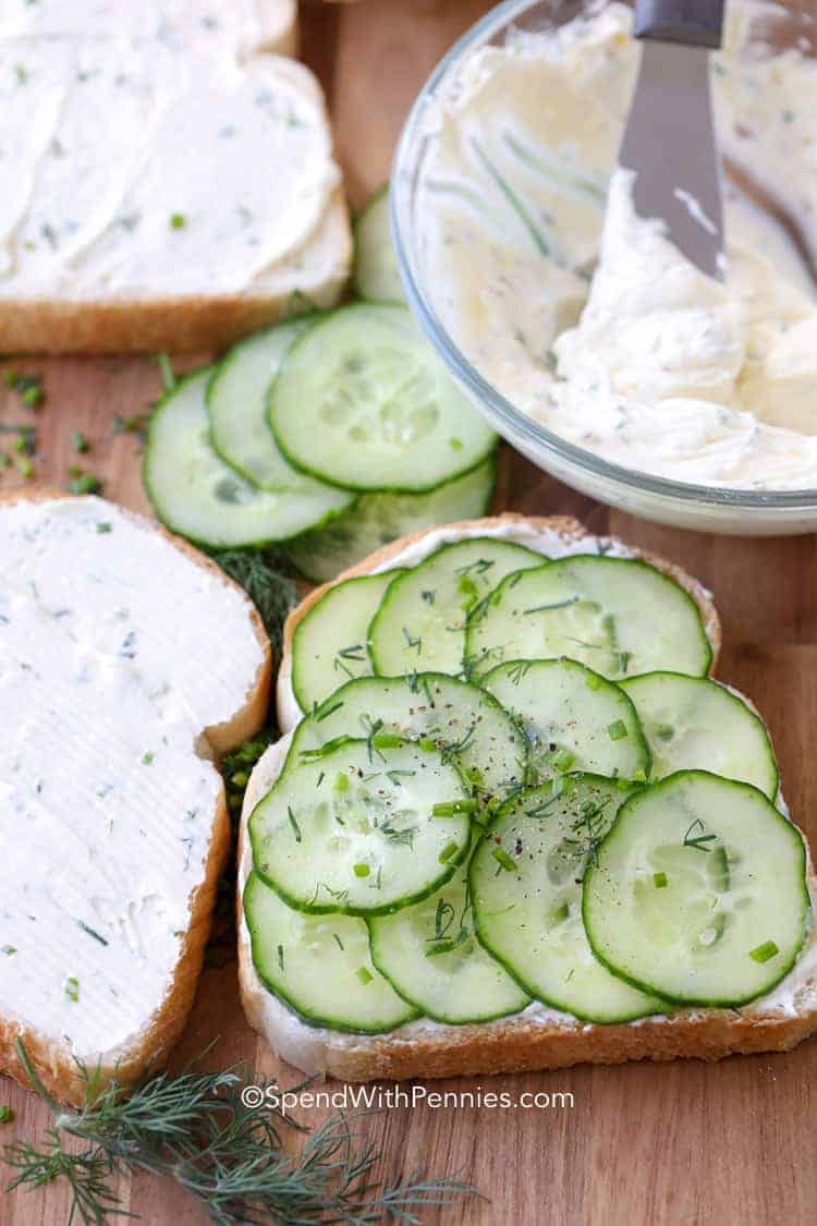 Open Cucumber Sandwiches with sauce in a bowl