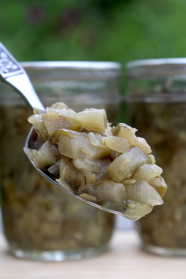 Home canned dill pickle relish made from overgrown cucumbers