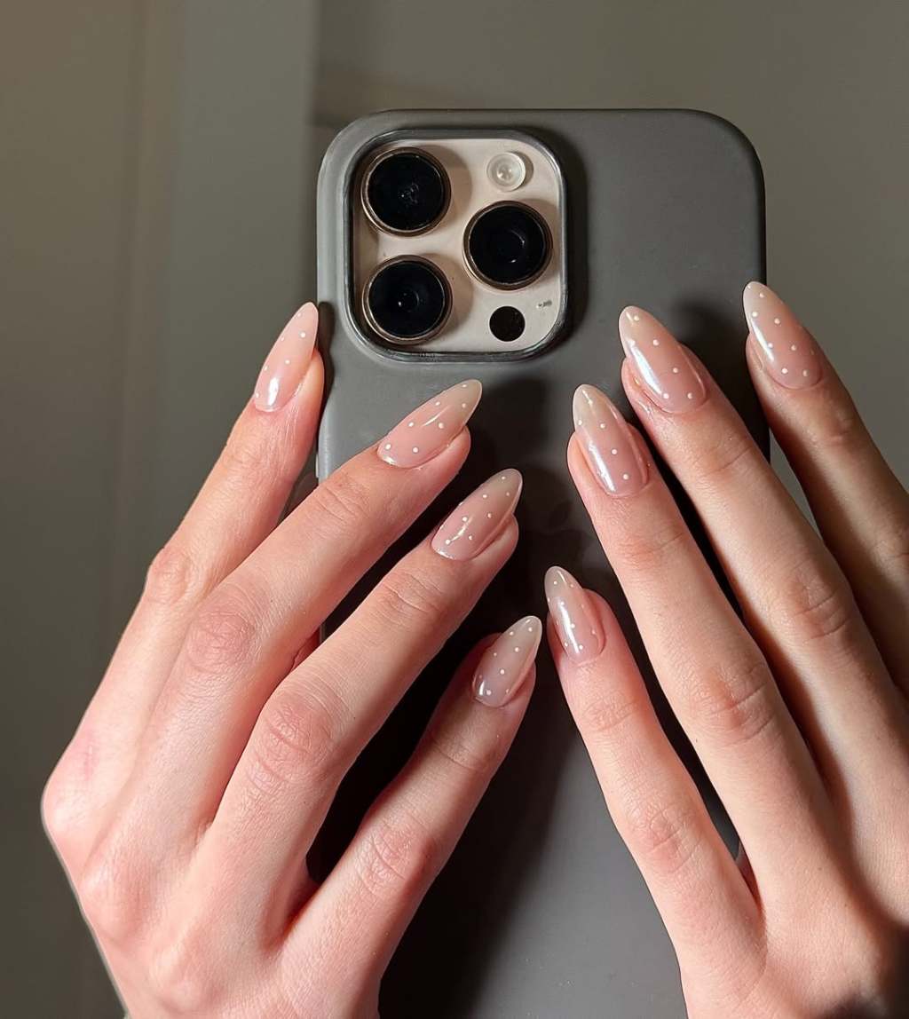 glazed simple nails with white tiny polka dots