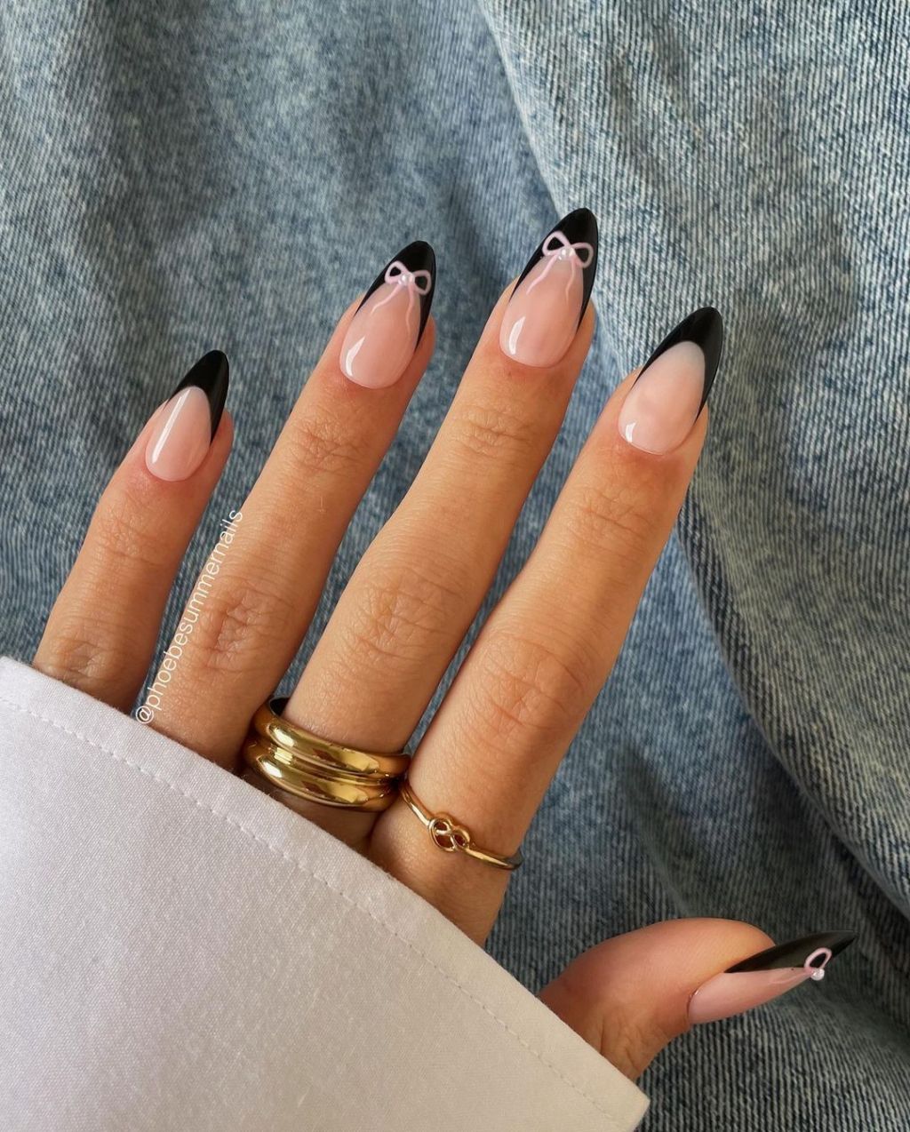 classy black french manicure with trendy pink bow simple nail designs