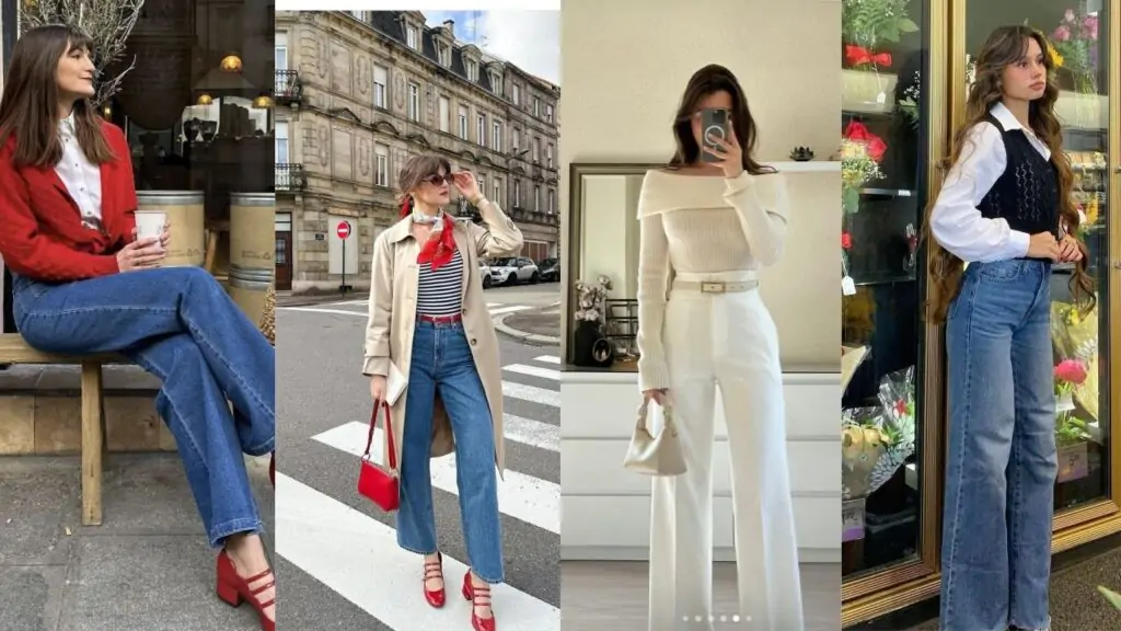 Four stylish women showcasing fall outfits: a cozy red cardigan with blue jeans and red heels; a chic beige trench coat over a striped top and jeans; an elegant white belted jumpsuit; and a classic black top with blue jeans and white sneakers. Perfect looks for everything from casual outings to sophisticated events. Fall Fashion, Outfit Inspiration, Seasonal Trends, Women’s Clothing, Street Style