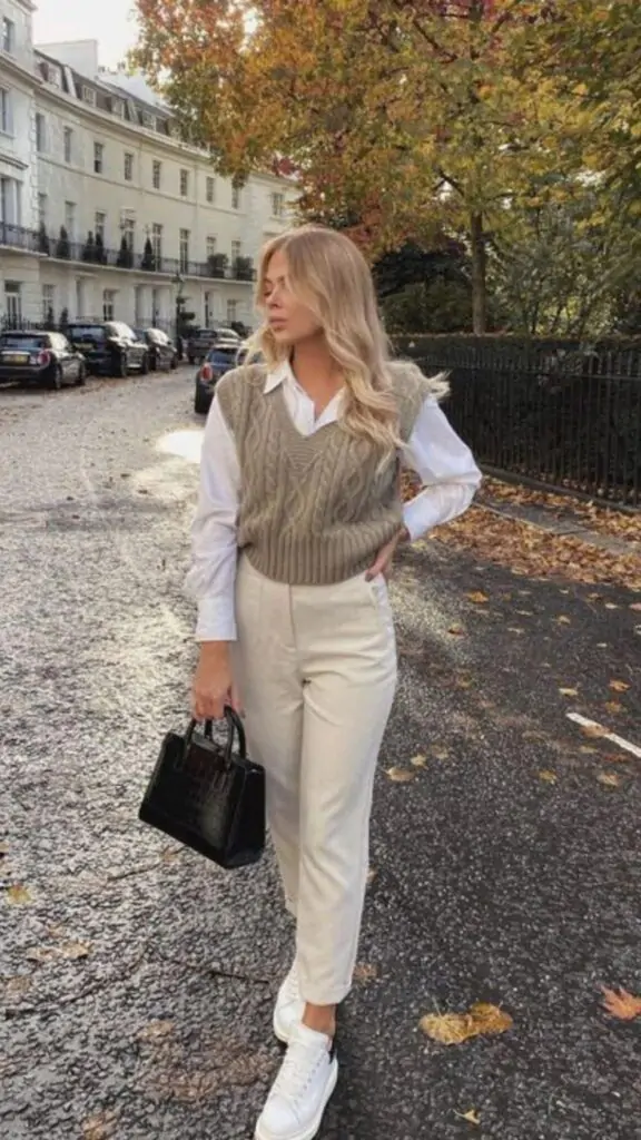 Fashionable person in fall attire with beige vest, cream trousers, and white sneakers on an autumn street.