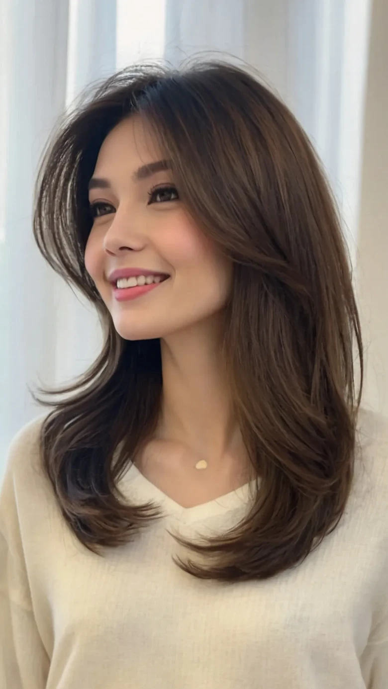 Layered Waves with Side-Swept Bangs