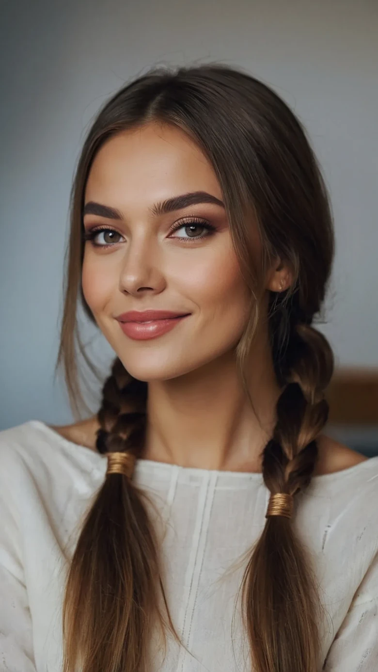 Playful Braided Pigtails with Gold-Colored Hair Ties