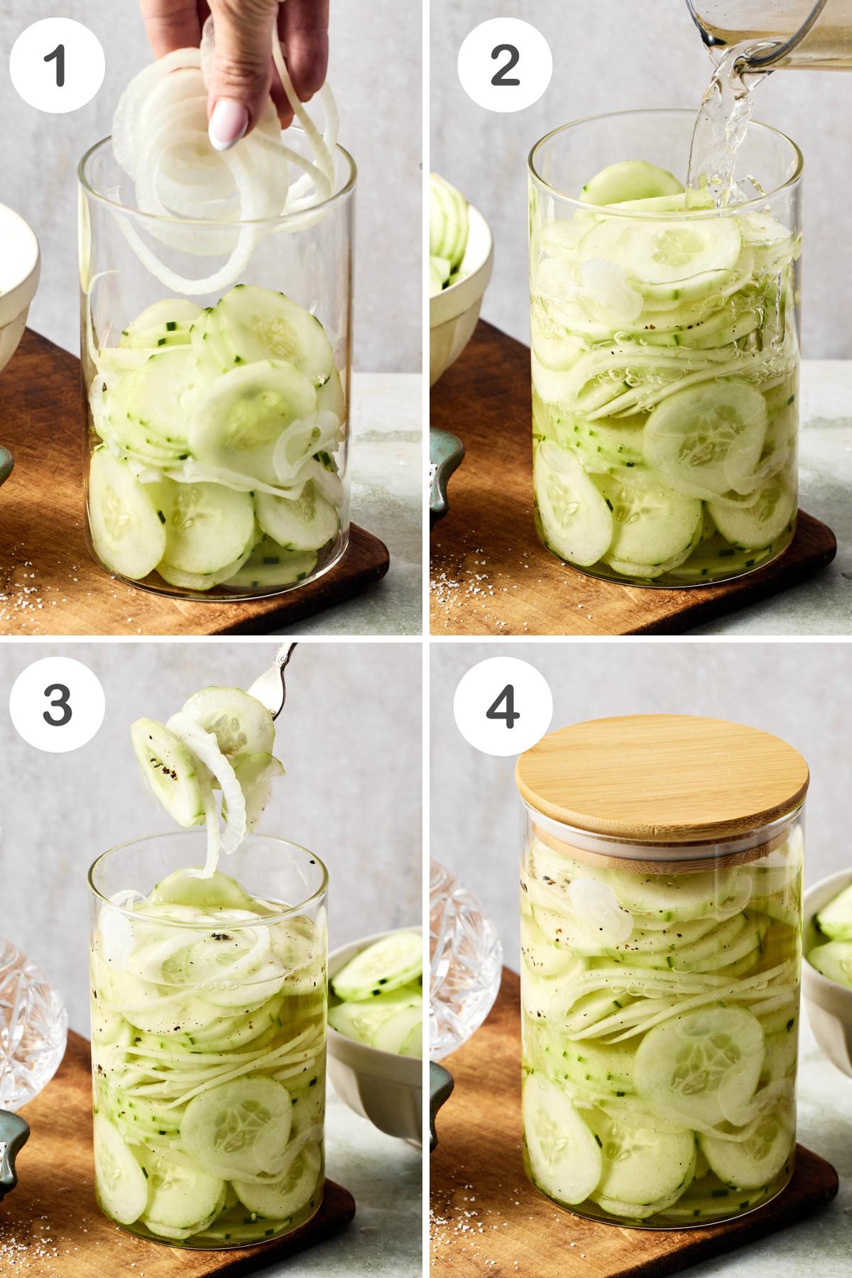 Numbered step-by-step photos showing how to make cucumber vinegar salad.