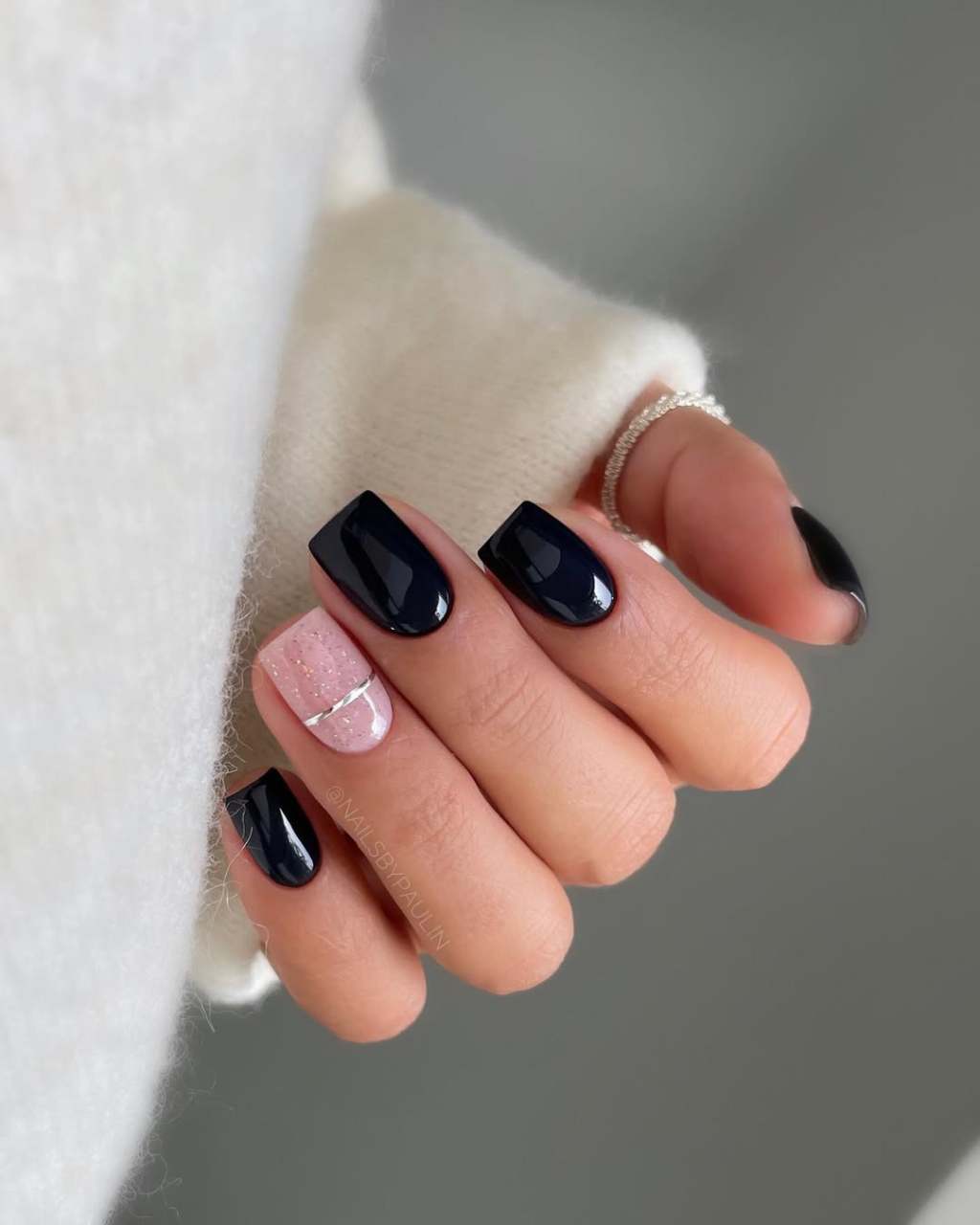 trendy short black ​​simple nail art with metallic glitter designs on one finger