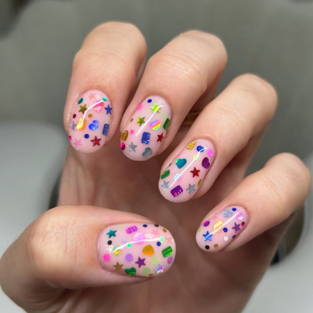 sheer pink nails with holographic confetti in star and heart shapes