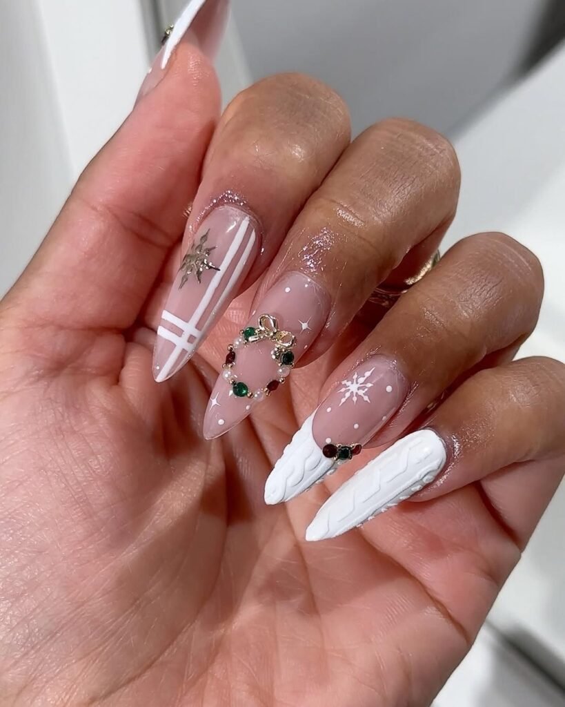 holiday luxury nails featuring white plaid rhinestone wreath and sweater knit designs